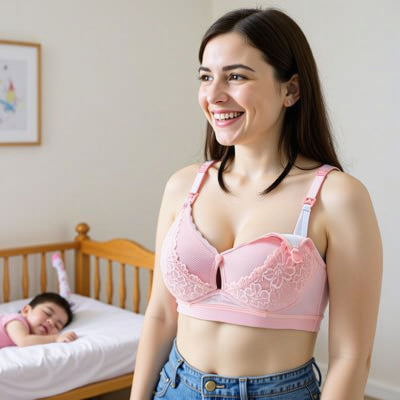 Jeune maman portant un soutien gorge d’allaitement rose poudré avec détails en dentelle et ouverture facile pour l’allaitement, debout près de son bébé endormi dans un lit en bois.