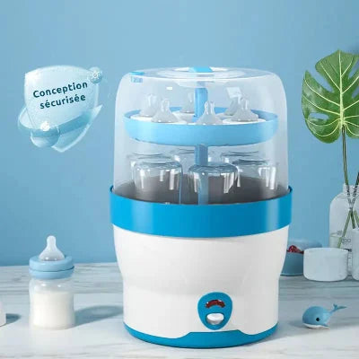Stérilisateur biberon avec conception sécurisée, idéal pour les jeunes parents soucieux de l’hygiène et de la sécurité de bébé.