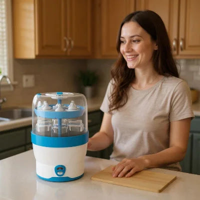 Jeune famille heureuse avec leur bébé devant un stérilisateur biberon électrique, posée sur un plan de travail de cuisine moderne.

