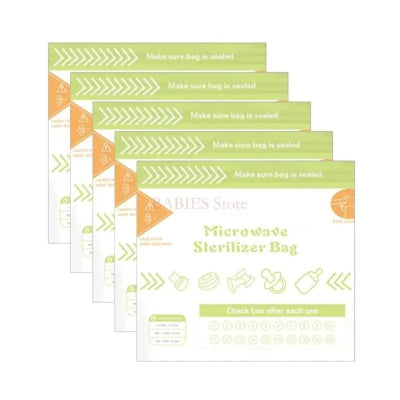 Lot de 5 sachets stérilisateur biberon micro-ondes réutilisables, idéals pour désinfecter biberons, tétines et accessoires de puériculture à la vapeur.