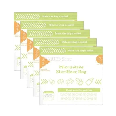 Lot de 5 sachets stérilisateur biberon micro-ondes réutilisables, idéals pour désinfecter biberons, tétines et accessoires de puériculture à la vapeur.