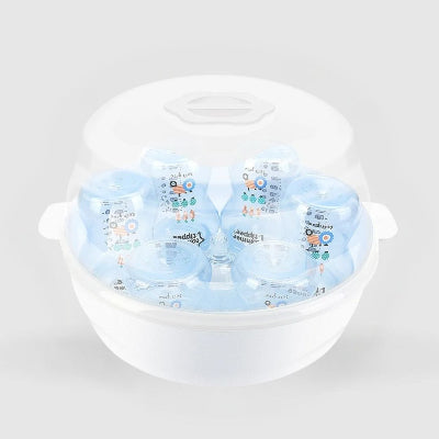 Stérilisateur biberon micro onde transparent avec couvercle hermétique, affichant les biberons bien rangés pour une stérilisation optimale.