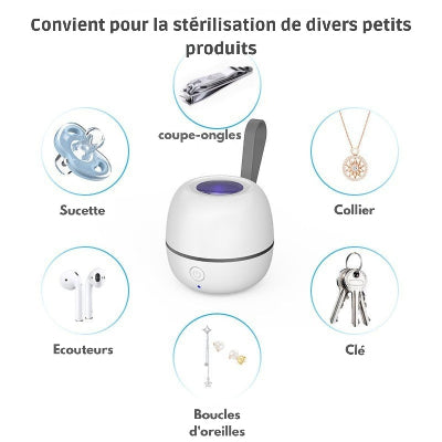Stérilisateur tétine TétinePure™ blanc fermé, format compact de poche avec bouton central, idéal pour désinfecter une sucette et autres petits objets