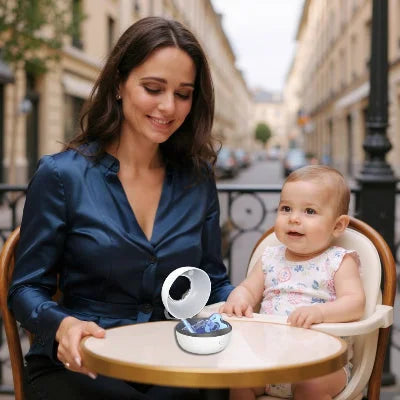 Jeune maman et bébé assis à une terrasse, utilisant le stérilisateur tétine UV en pleine ville. L’appareil est ouvert avec une sucette à l’intérieur, soulignant son côté pratique et nomade.