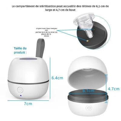 Stérilisateur tétine TétinePure™ blanc presentant les dimensions compactes de ce dernier. compatibilite tetine 6,1 x 4,7cm 