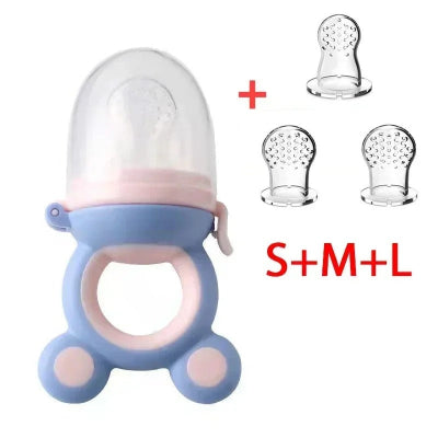 Sucette fruit bébé avec trois tétines S M et L, coloris bleu et rose