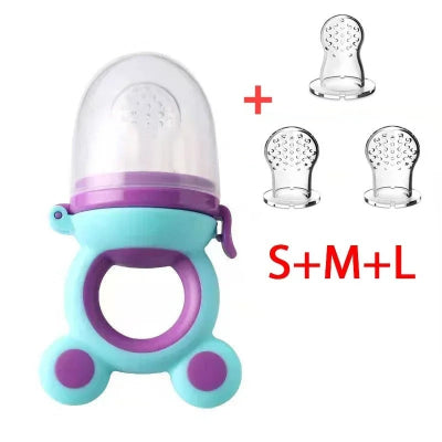 Sucette fruit bébé avec tétines S M L, coloris turquoise et violet