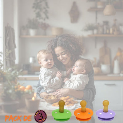 Pack de 3 sucettes pour bébé en caoutchouc naturel, adaptées dès la naissance, coloris vert, orange et violet pour apaiser les jumeaux.