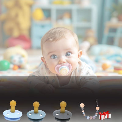 Bébé utilisant une sucette pour nouveau-né MiniMiam™ avec embout physiologique, présentation du pack de 3 tétines coloris variés et attache tétine bois-silicone.