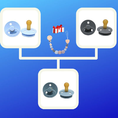 Lot MiniMiam™ de 3 sucettes pour nouveau-né en caoutchouc naturel coloris bleu ciel et gris anthracite avec attache tétine bébé en silicone et bois naturel.