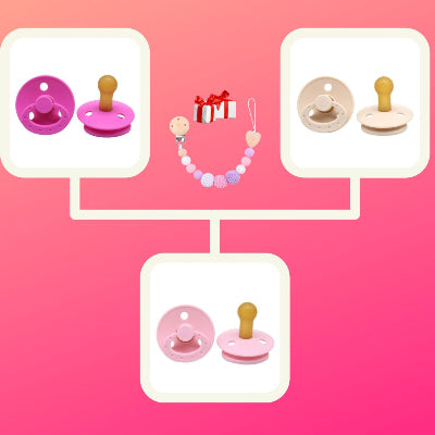 Présentation du lot TuttiClip™ avec 3 sucettes pour nourrisson coloris fuchsia, beige et rose, complétées par une attache tétine décorative en perles silicone pour plus d’hygiène et de sécurité.