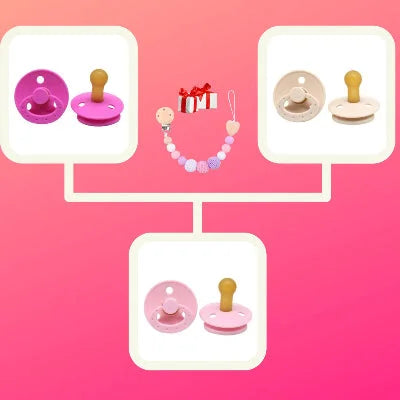 Présentation du lot TuttiClip™ avec 3 sucettes pour nourrisson coloris fuchsia, beige et rose, complétées par une attache tétine décorative en perles silicone pour plus d’hygiène et de sécurité.
