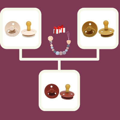Pack de 3 tétines caoutchouc biberon naturelles DouceSuccion™ en coloris sable, moutarde et terracotta, accompagné d’une attache tétine en perles silicone et bois, coffret pratique sans BPA ni phtalates.