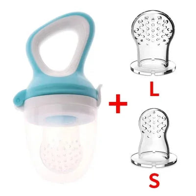 Tétine pour fruit grignoteuse bébé avec embouts S et L, coloris bleu lagon et blanc