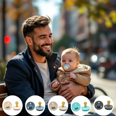 Papa tenant son bébé assis en extérieur, bébé utilisant une tétine nouveau-né allaitement bleu ciel en caoutchouc naturel, modèle physiologique doux et sécurisé 0-6 mois.