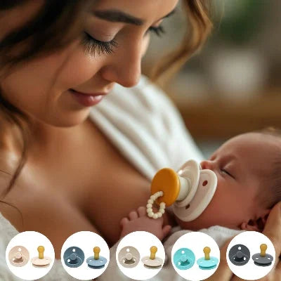 Maman berçant son bébé avec une tétine nouveau-né allaitement moutarde associée à une perle attache-tétine, idéale en complément de l’allaitement mixte et pour éviter les chutes.