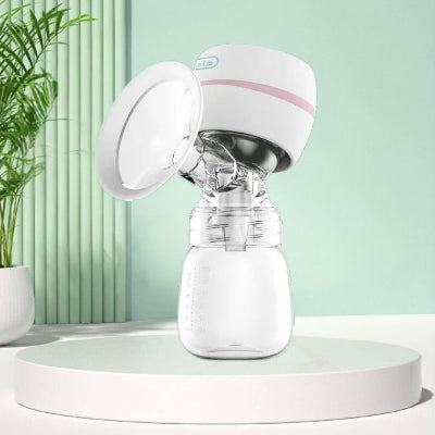 Tire lait électrique blanc avec écran intelligent et flacon de lait, conçu pour une extraction discrète et efficace
