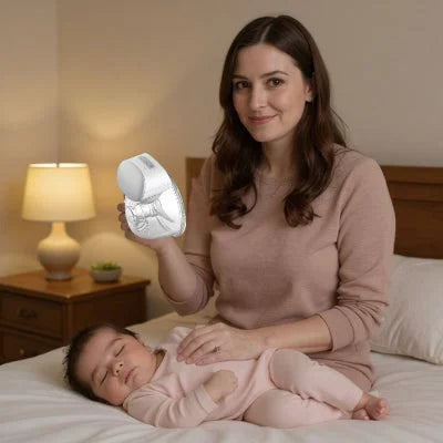 Maman assise sur un lit avec son bébé endormi, tenant le tire-lait électrique DouceTétée™ dans une ambiance douce et nocturne, illustrant un allaitement discret et sans stress.

