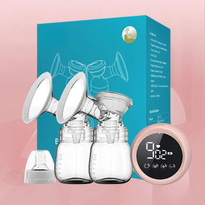 Kit complet du tire lait ÉveilLait™ avec son coffret bleu, ses deux biberons collecteurs, téterelles ergonomiques et unité de contrôle numérique, solution idéale pour une lactation efficace et hygiénique.


