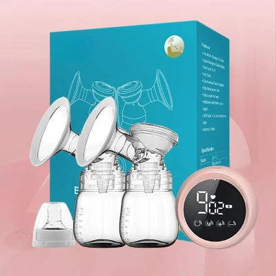 Kit complet du tire lait ÉveilLait™ avec son coffret bleu, ses deux biberons collecteurs, téterelles ergonomiques et unité de contrôle numérique, solution idéale pour une lactation efficace et hygiénique.

