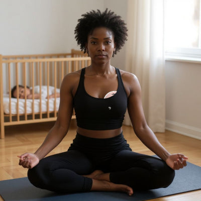 Tire lait électrique main libre PumpEase™ utilisé discrètement par une jeune maman, en pleine session de yoga.