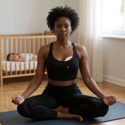 Tire lait électrique main libre PumpEase™ utilisé discrètement par une jeune maman, en pleine session de yoga.