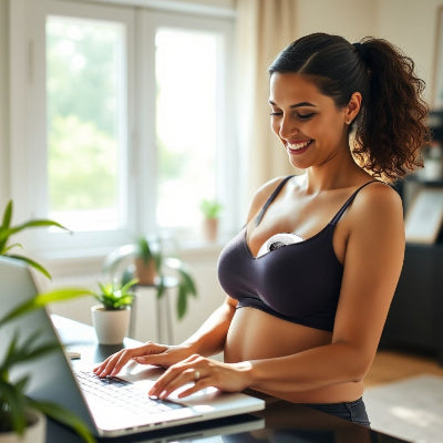Jeune maman utilisant un tire-lait électrique mains libres tout en travaillant à son bureau, chez elle, pour une extraction efficace et sans contrainte.