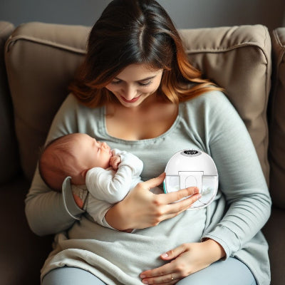 Maman utilisant un tire lait électrique ergonomique tout en tenant son bébé, illustrant un allaitement pratique et sans contrainte.
