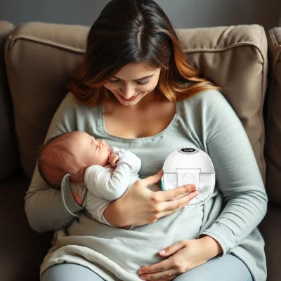 Maman utilisant un tire lait électrique ergonomique tout en tenant son bébé, illustrant un allaitement pratique et sans contrainte.
