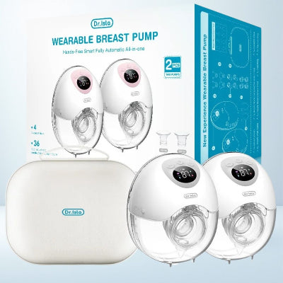 Pack complet du tire-lait électrique Dr. Isla, comprenant deux pompes portables, accessoires et un étui de rangement pour une extraction confortable et sans fil.