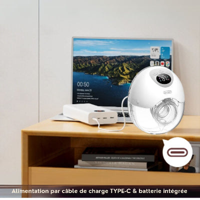 Tire-lait électrique portable avec recharge rapide USB-C, offrant une autonomie prolongée pour une extraction du lait maternel en toute liberté.