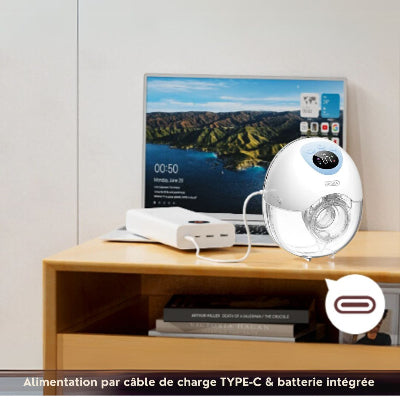 Tire-lait électrique rechargeable par câble USB-C, offrant une grande autonomie et une compatibilité avec différents supports de charge comme une batterie externe ou un ordinateur.