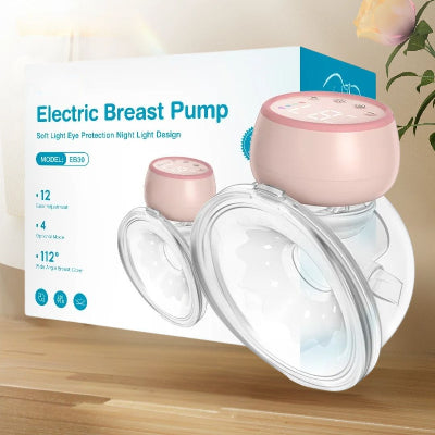 Tire-lait électrique mains libres TendriSuction™ rose avec écran tactile, affiché devant sa boîte d’emballage, idéal pour une extraction confortable à domicile ou en déplacement.