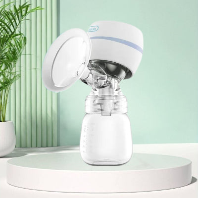 Tire lait électrique bleu avec écran intelligent et flacon de lait, conçu pour une extraction discrète et efficace