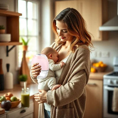 Maman tenant son bébé dans une ambiance chaleureuse avec un tire lait main libre discret et efficace. Extraction de lait sans contrainte pour plus de sérénité.