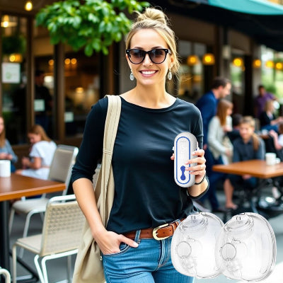 Tire-lait main libre portable et discret, conçu pour les mamans actives qui veulent exprimer leur lait en extérieur ou au travail.