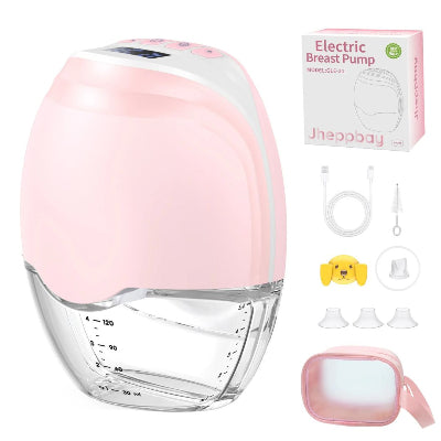 Tire lait main libre rose avec accessoires inclus : embouts de différentes tailles, brosse de nettoyage et câble USB. Conçu pour un allaitement en toute sérénité.