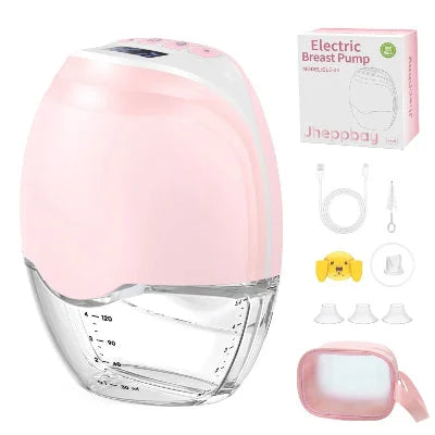 Tire lait main libre rose avec accessoires inclus : embouts de différentes tailles, brosse de nettoyage et câble USB. Conçu pour un allaitement en toute sérénité.