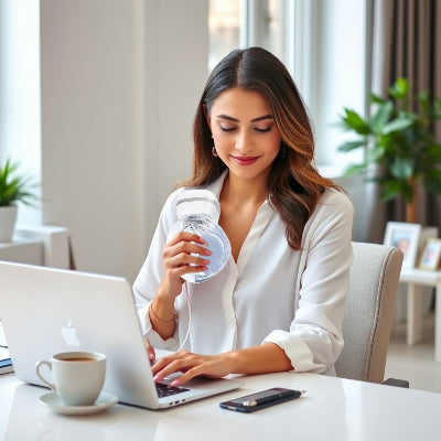 Femme utilisant un tire lait mains libres au bureau, combinant allaitement et productivité grâce à un design discret et silencieux.