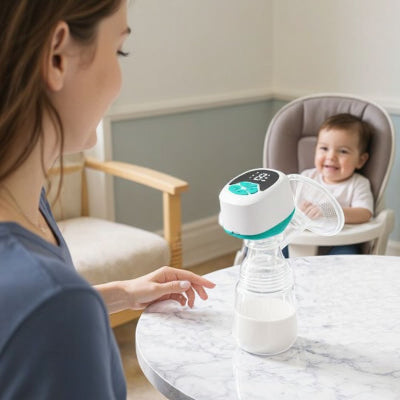 Maman utilisant un tire-lait portable à la maison pendant que son bébé sourit en chaise haute