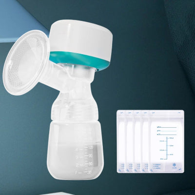 Tire lait portable avec biberon gradué et sacs de stockage inclus, conçu pour une extraction efficace et hygiénique du lait maternel.