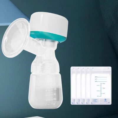 Tire lait portable avec biberon gradué et sacs de stockage inclus, conçu pour une extraction efficace et hygiénique du lait maternel.