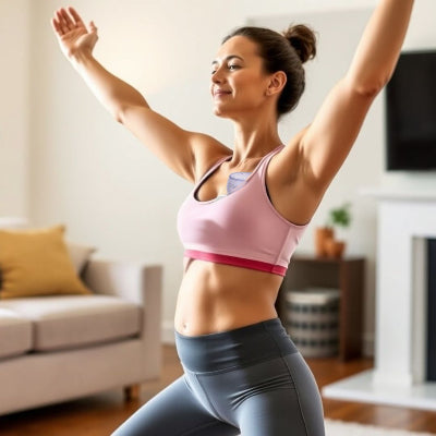 Maman pratiquant une séance de sport tout en portant un tire lait électrique mains libres, garantissant confort et discrétion pendant l'allaitement.