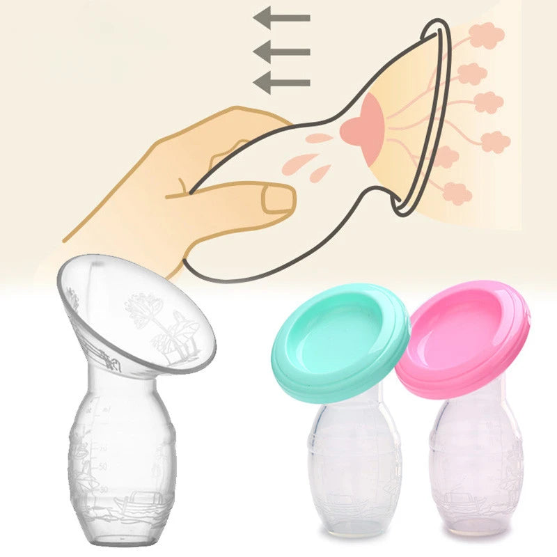 Tire-lait manuel en silicone illustrant une utilisation simple avec des couvercles rose et vert pour une extraction douce du lait maternel.