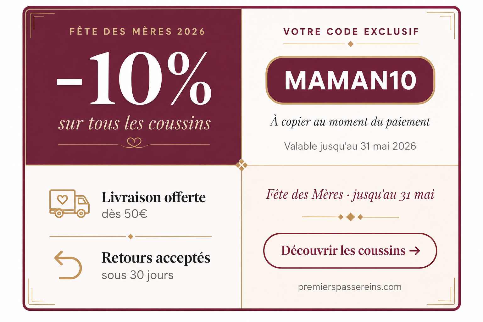 Fête des Mères 2026 — Code MAMAN10 -10% sur tous les coussins | Premiers Pas Sereins